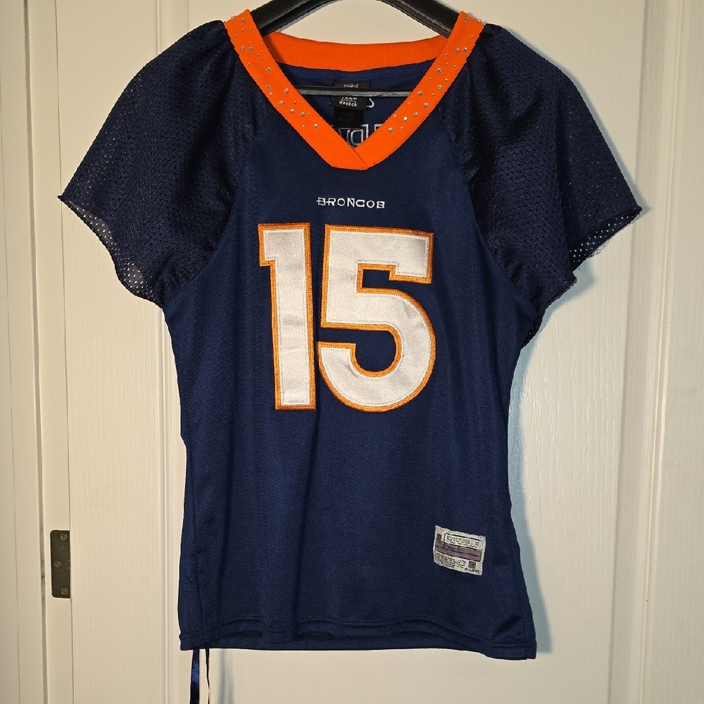 Denver Broncos V Neck Ladies Reebok Navy and Orange Team Jersey TEBOW